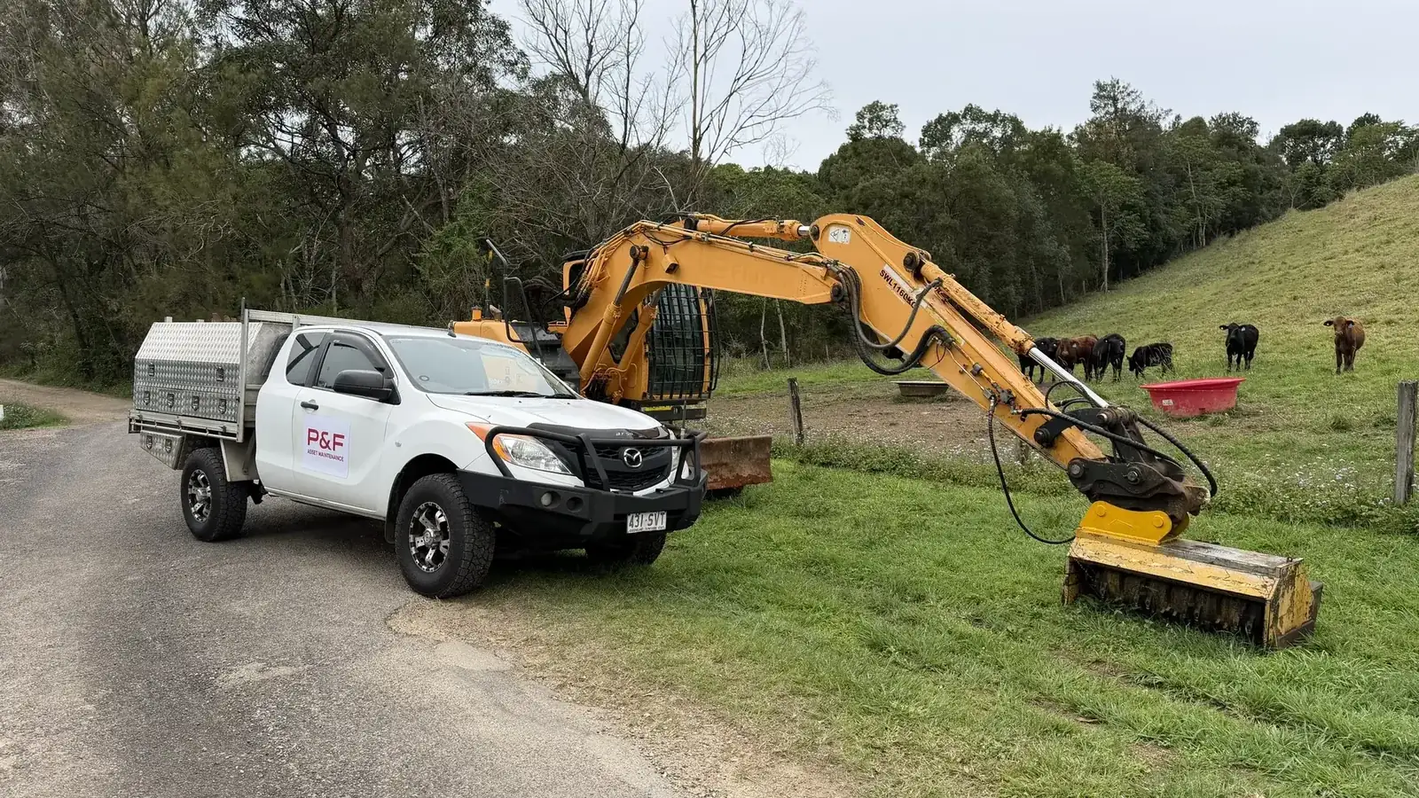 Plant & Fixed service ute beside an excavator on a rural property